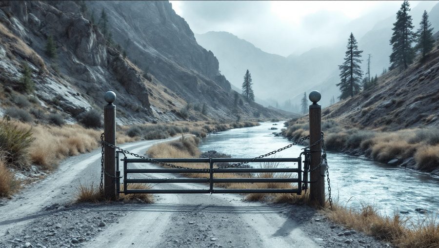 A chained gate across a gravel track beside a river in a steep canyon.