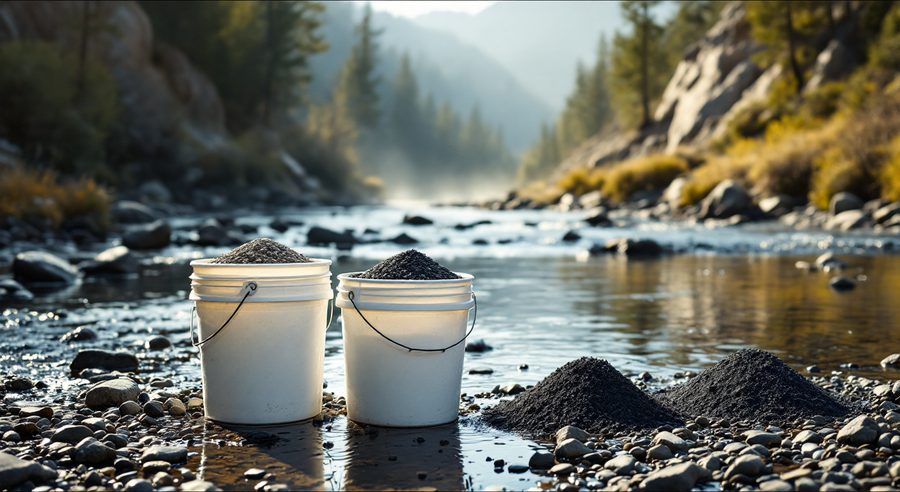 A sluice box at the water with two buckets beside it, one for the material and one for the tailings.
